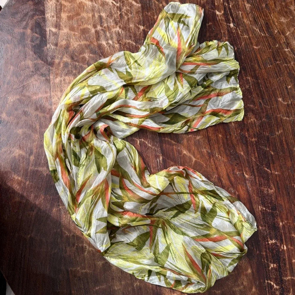 Vivante 100% Silk Scarf‎ Tropical Leaf Print Yellow Green Coral 71x20